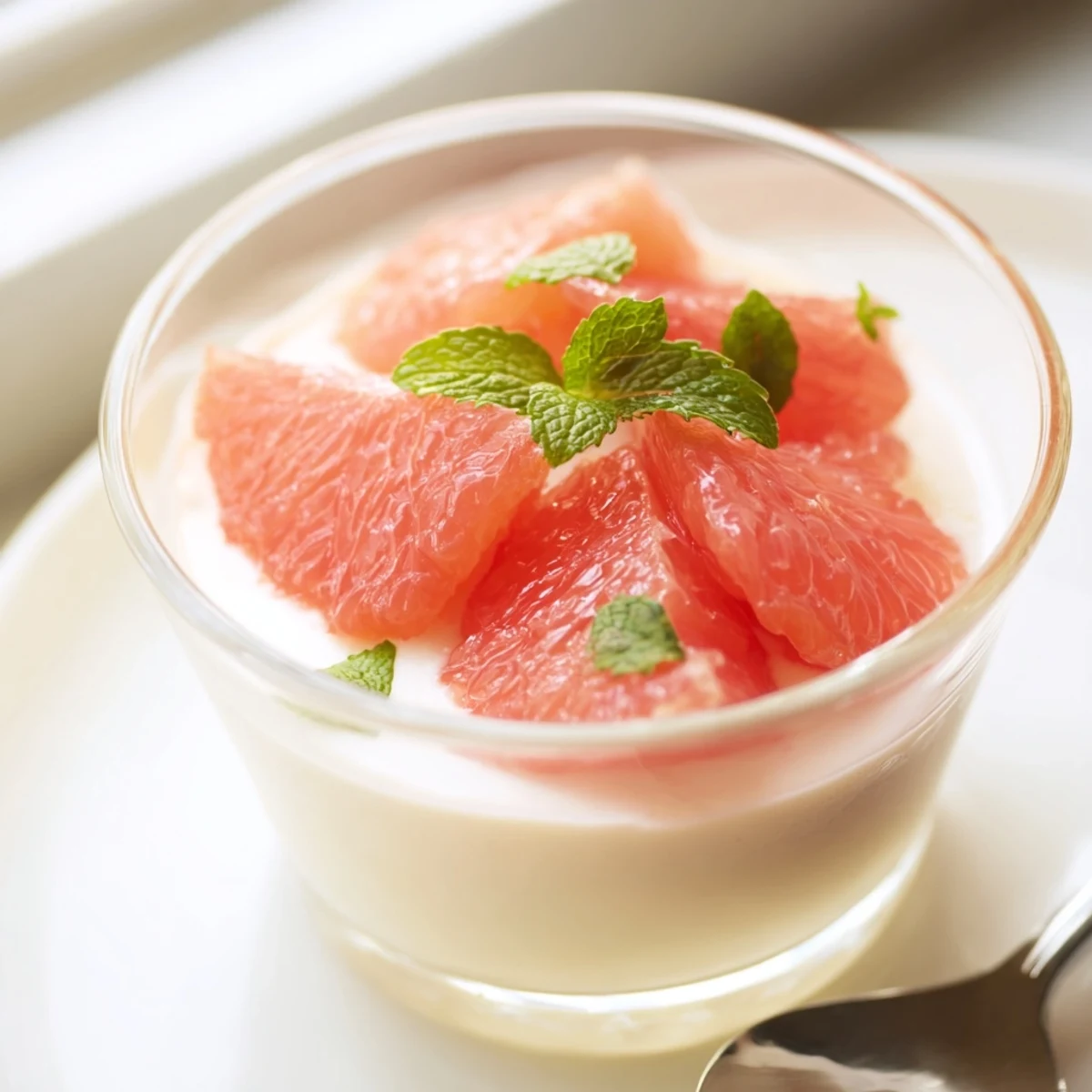 Elegant Italian grapefruit panna cotta set in clear glasses with fresh citrus fruit topping