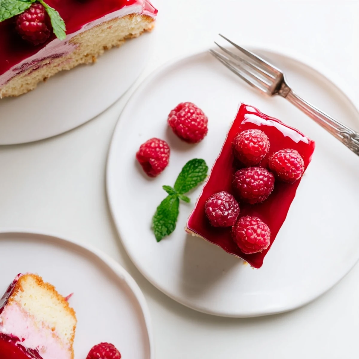 Elegant raspberry mousse cake with glossy glaze and fresh berry garnish on white plate
