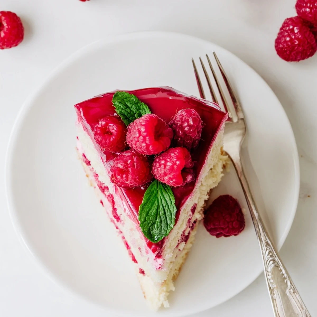 Light layered dessert showcasing airy raspberry mousse atop moist almond sponge base