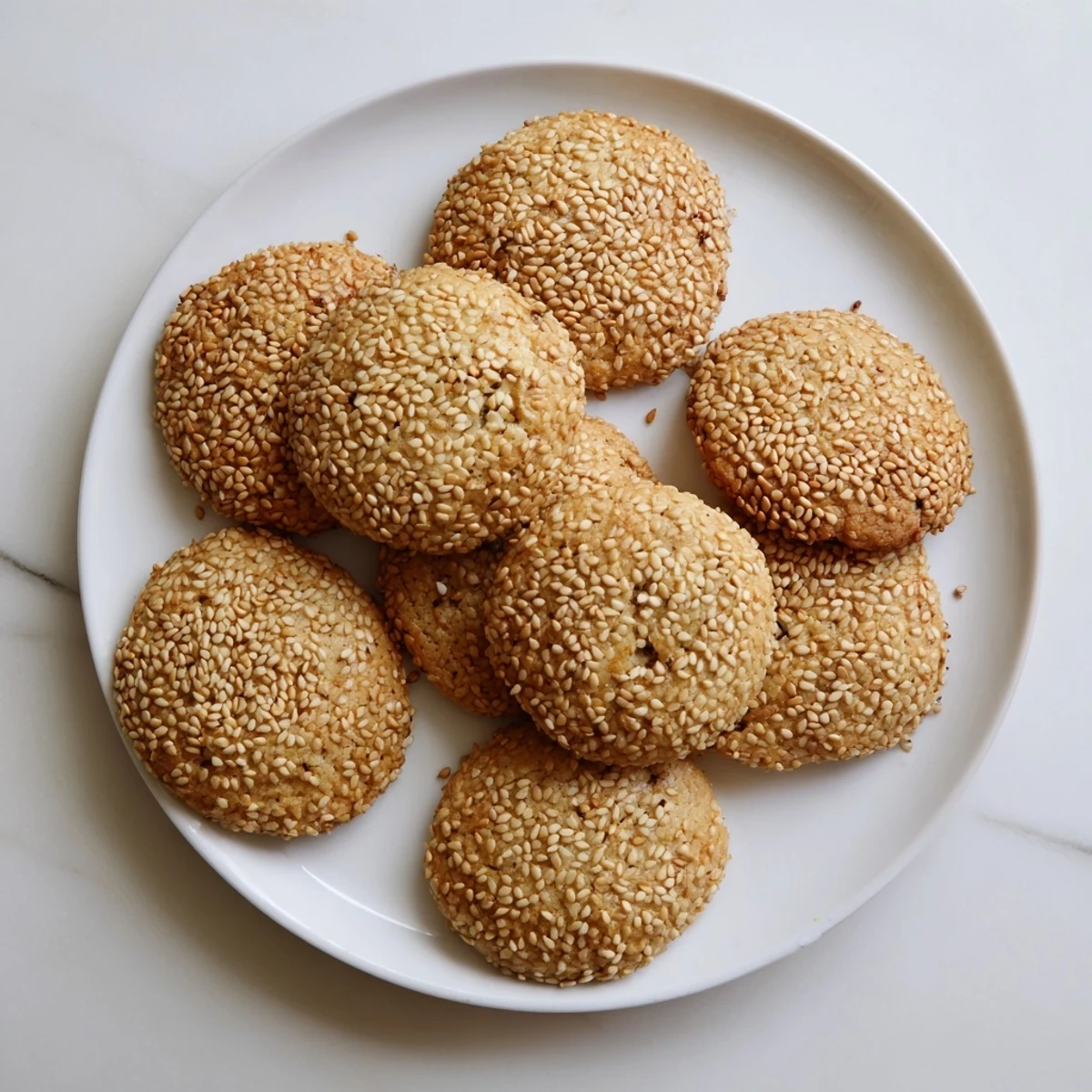 Golden brown easy chewy sesame honey cookies with toasted seeds on a white plate