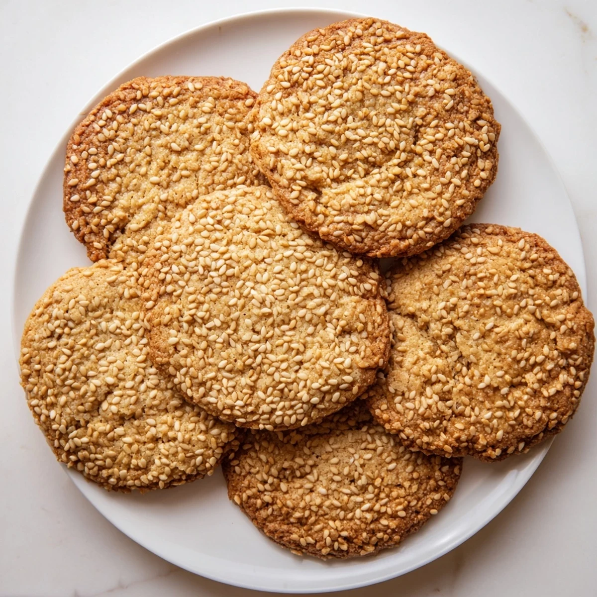Close up of easy chewy sesame honey cookies with cracked edges and sesame topping