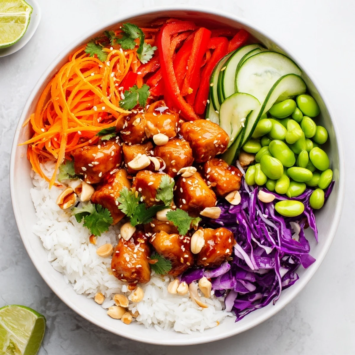 Vibrant Thai sweet chili chicken Buddha bowl featuring glazed chicken over fluffy jasmine rice with crisp colorful vegetables and zesty lime dressing garnished with crushed peanuts and fresh cilantro