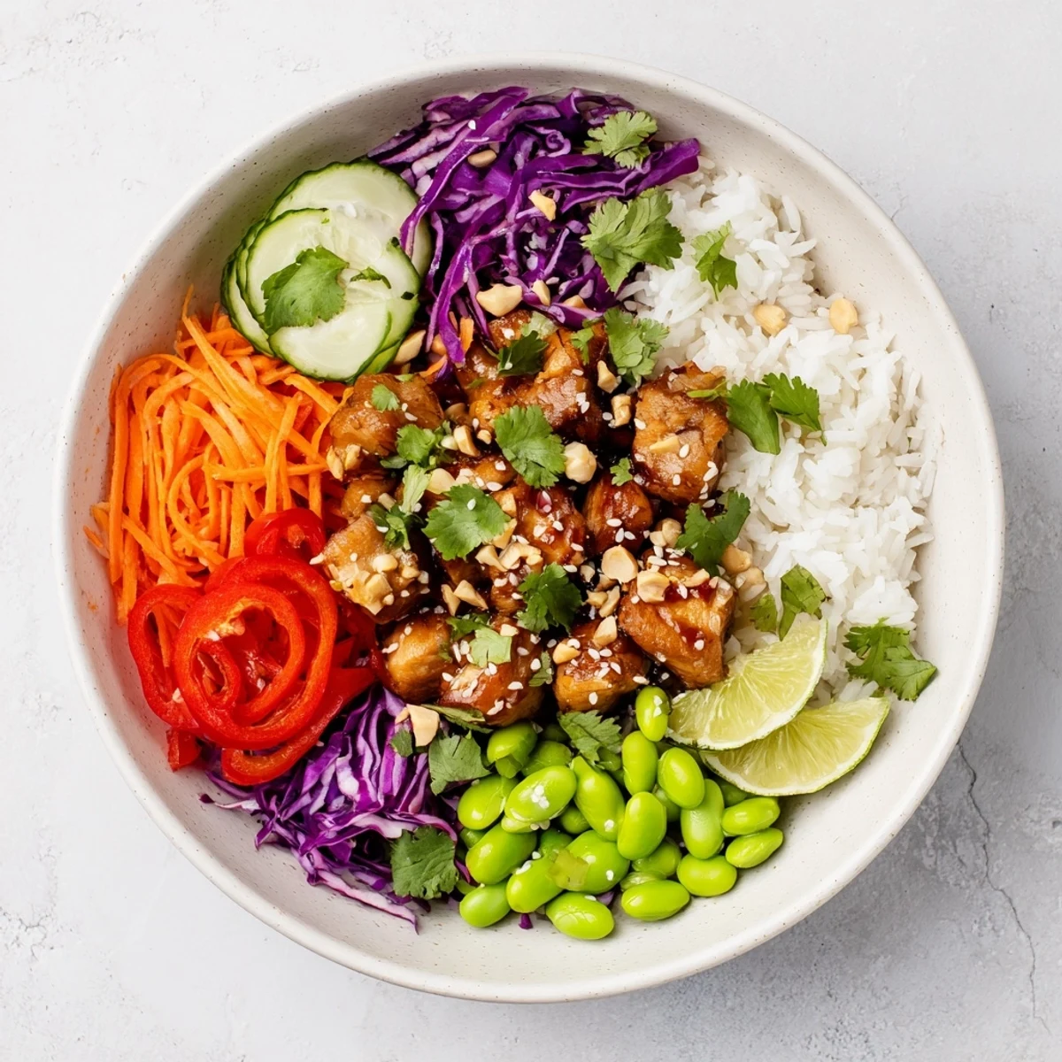 Golden Thai sweet chili chicken arranged in a nourishing bowl with steamed jasmine rice crunchy red cabbage cucumber carrot edamame and tangy lime sesame dressing
