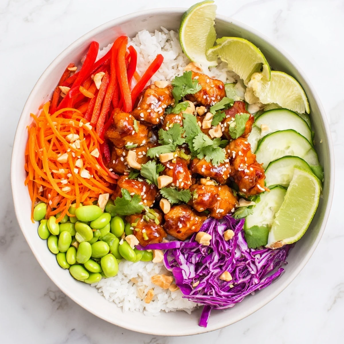 Close-up of Thai sweet chili chicken Buddha bowl showcasing tender saucy chicken atop rice with rainbow vegetables roasted peanuts sesame seeds and lime wedges for a complete meal