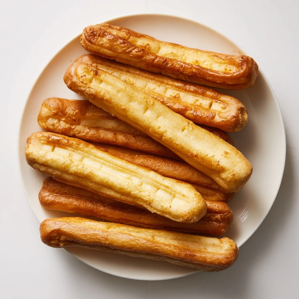 Two golden brown Youtiao strips being fried in hot vegetable oil