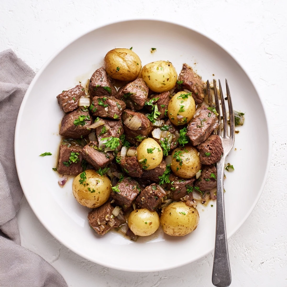 Golden brown steak bites and tender baby potatoes coated in rich garlic butter sauce, garnished with fresh parsley