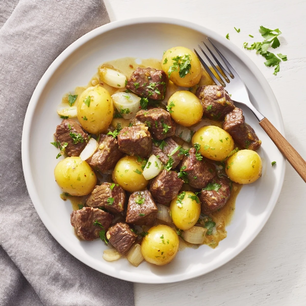 Hearty slow cooker garlic butter steak bites with creamy potatoes and aromatic herbs, perfectly cooked in rich sauce