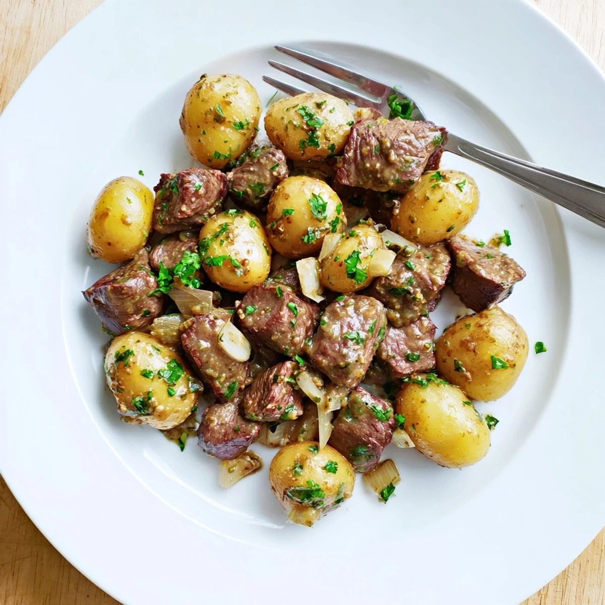 Succulent cubed sirloin and baby potatoes swimming in melted garlic butter, topped with vibrant chopped parsley for serving