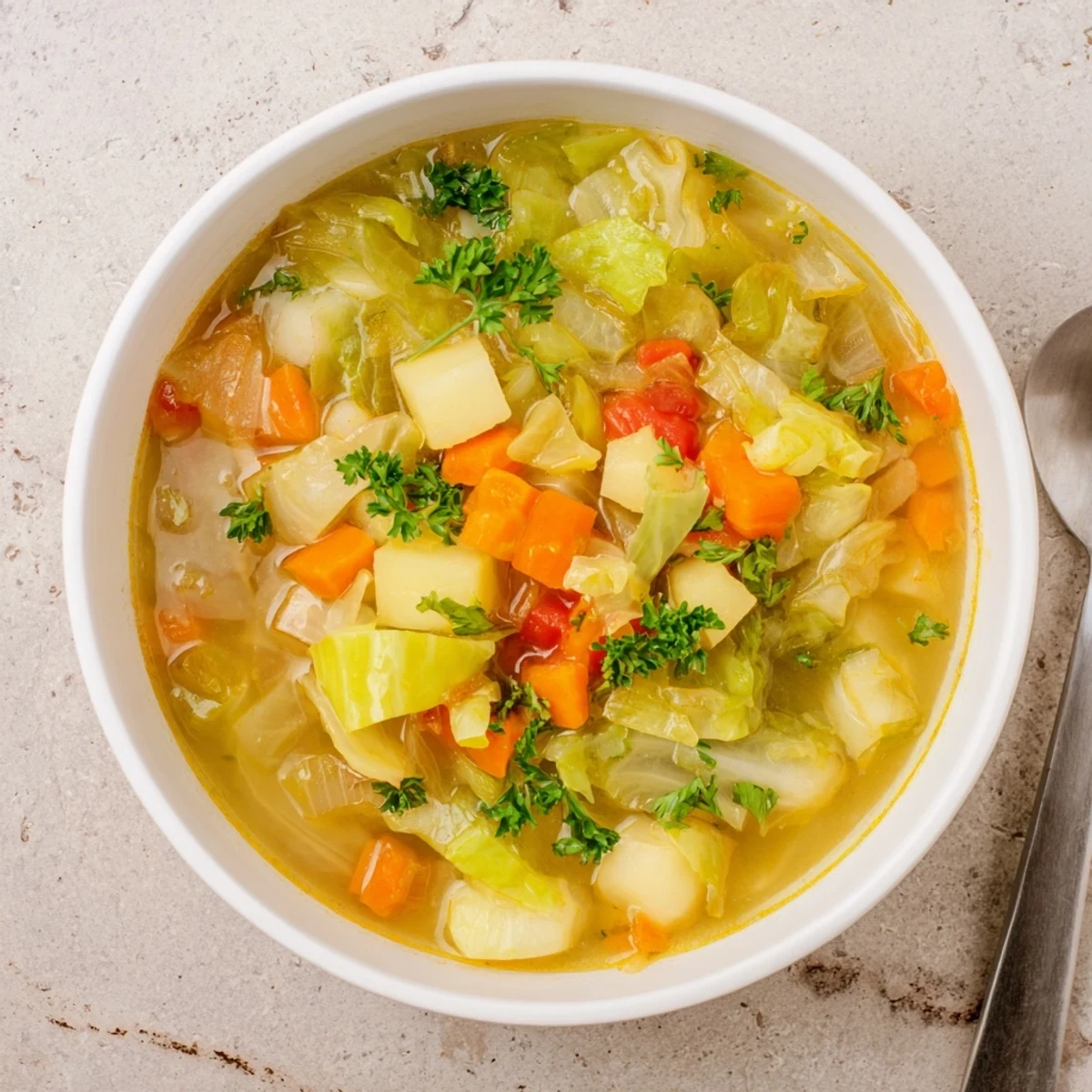 Steaming bowl of hearty cabbage soup loaded with colorful vegetables and fresh herbs, garnished with parsley