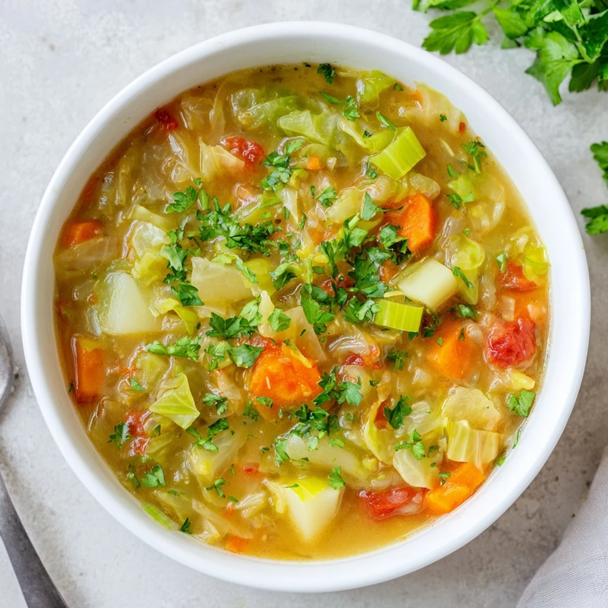 Comforting cabbage soup featuring tender chunks of green cabbage, carrots, and celery in savory vegetable broth