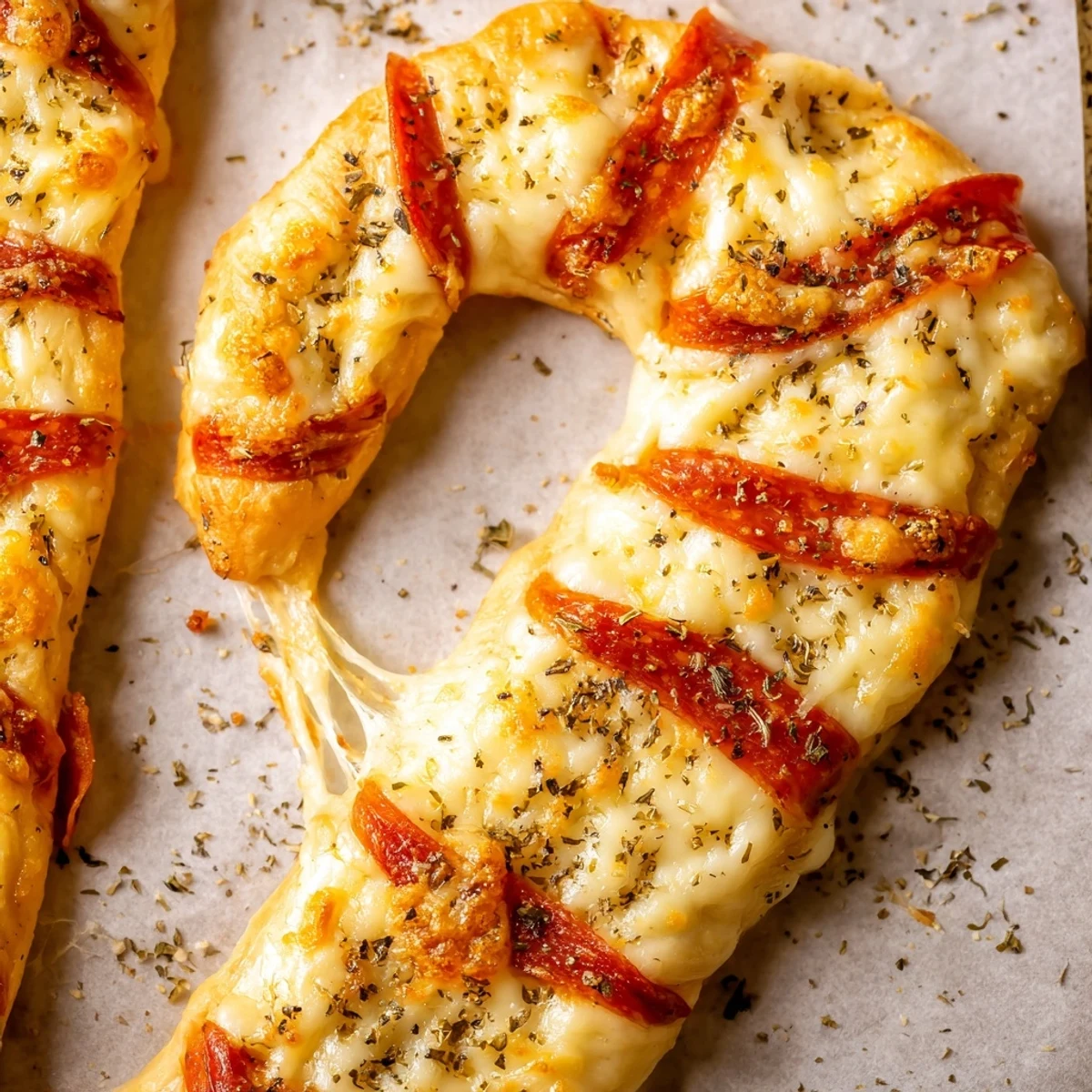 Festive candy cane pizza breadsticks shaped like holiday hooks with melted mozzarella and pepperoni stripes