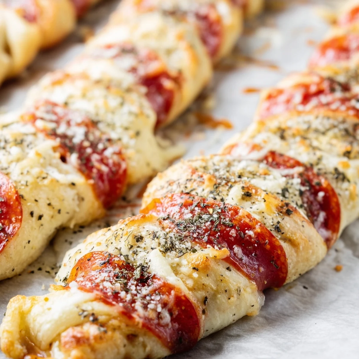 Twisted candy cane pizza breadsticks brushed with garlic butter and topped with bubbly golden cheese