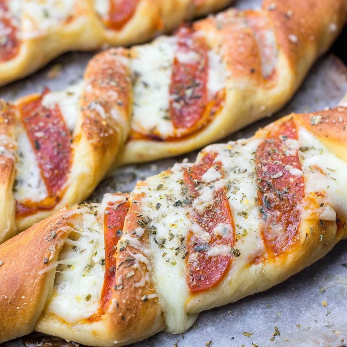 Holiday candy cane pizza breadsticks arranged on baking sheet with red pepperoni and fresh herbs