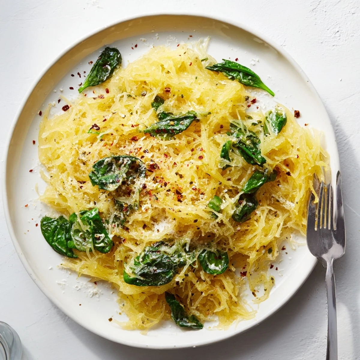 Low-carb Boursin spaghetti squash bowl topped with grated Parmesan and wilted spinach