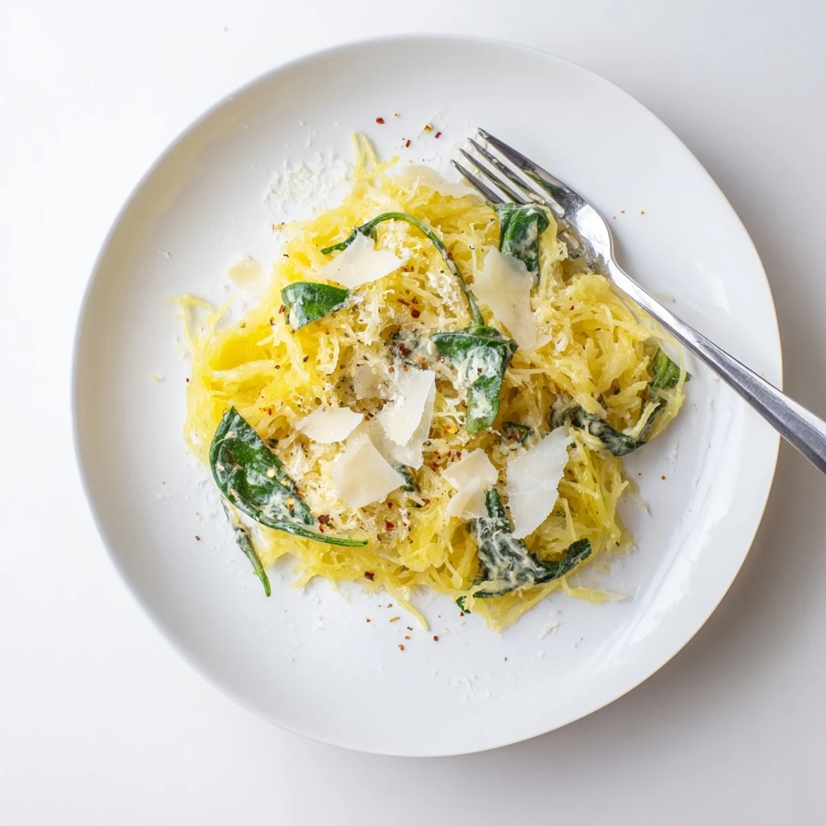 Creamy garlic and herb Boursin spaghetti squash strands tossed in a white serving dish