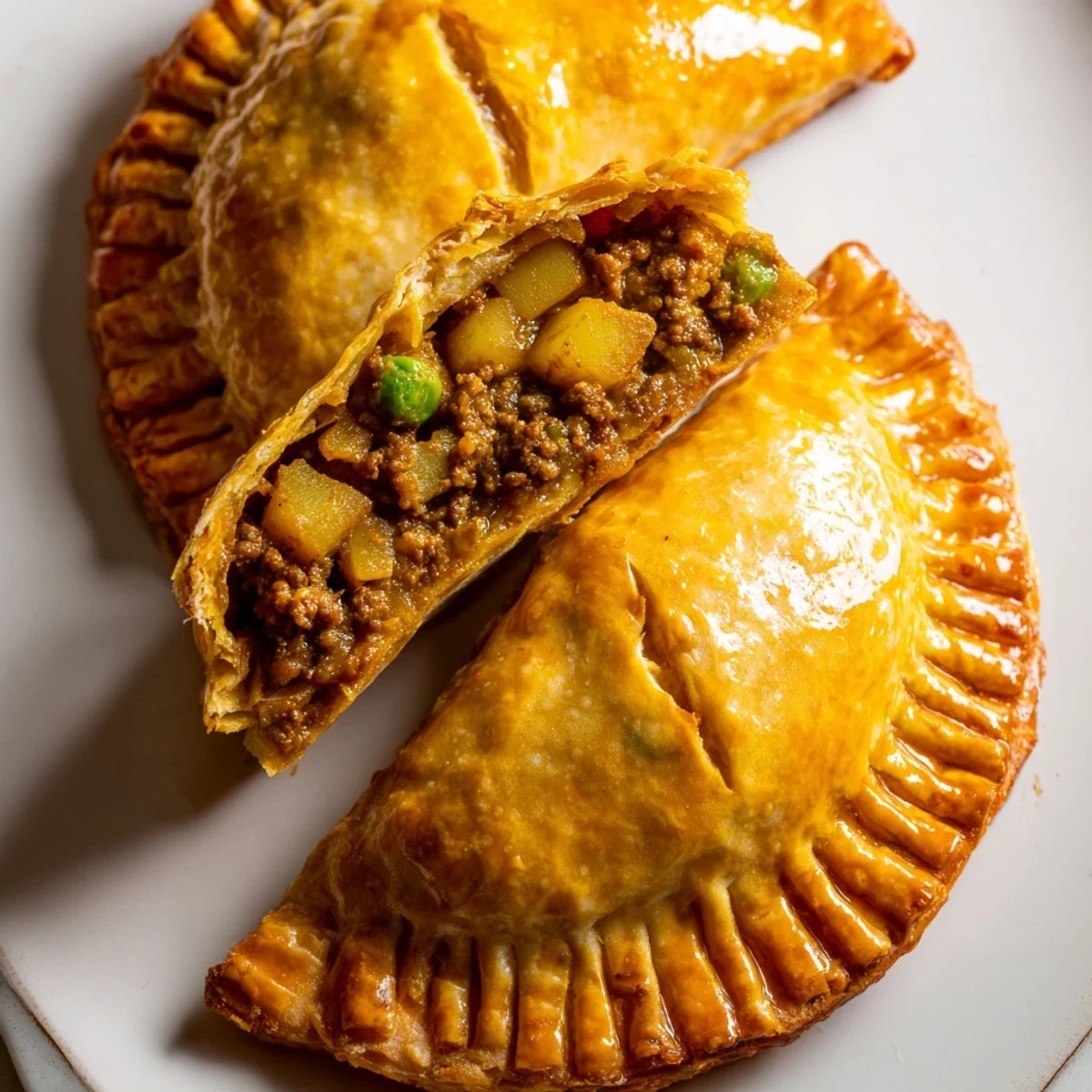 Golden flaky curry puffs with beef on a white serving plate