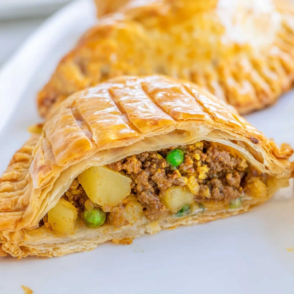 Baked curry puffs with beef arranged on a wooden cutting board ready to serve