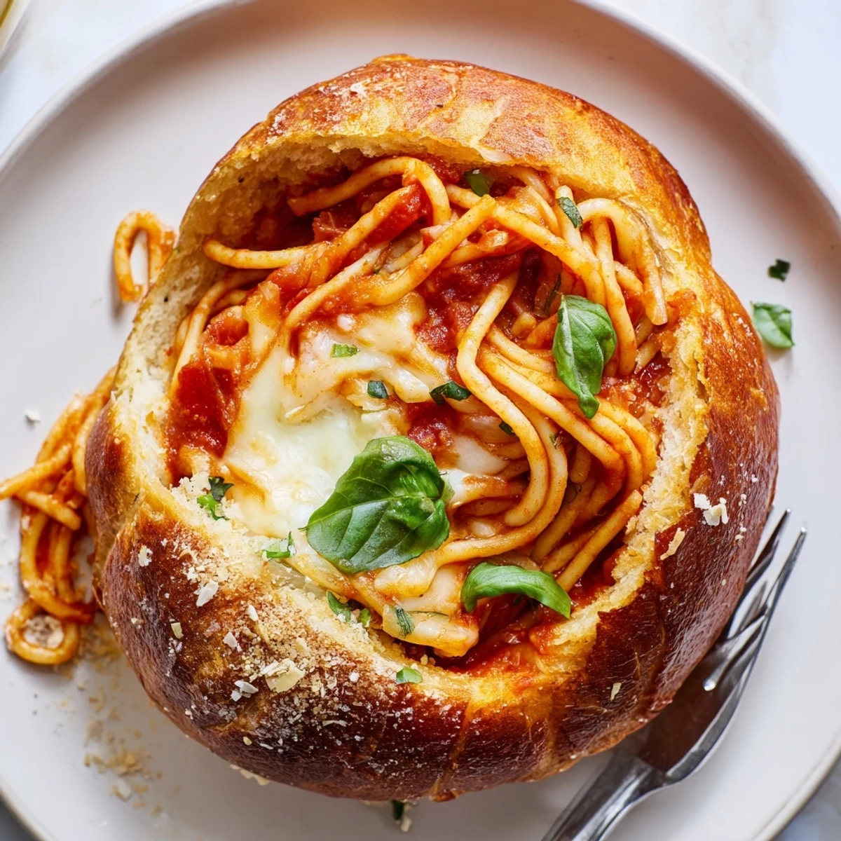 Crispy golden garlic bread bowl filled with steaming spaghetti and rich marinara sauce