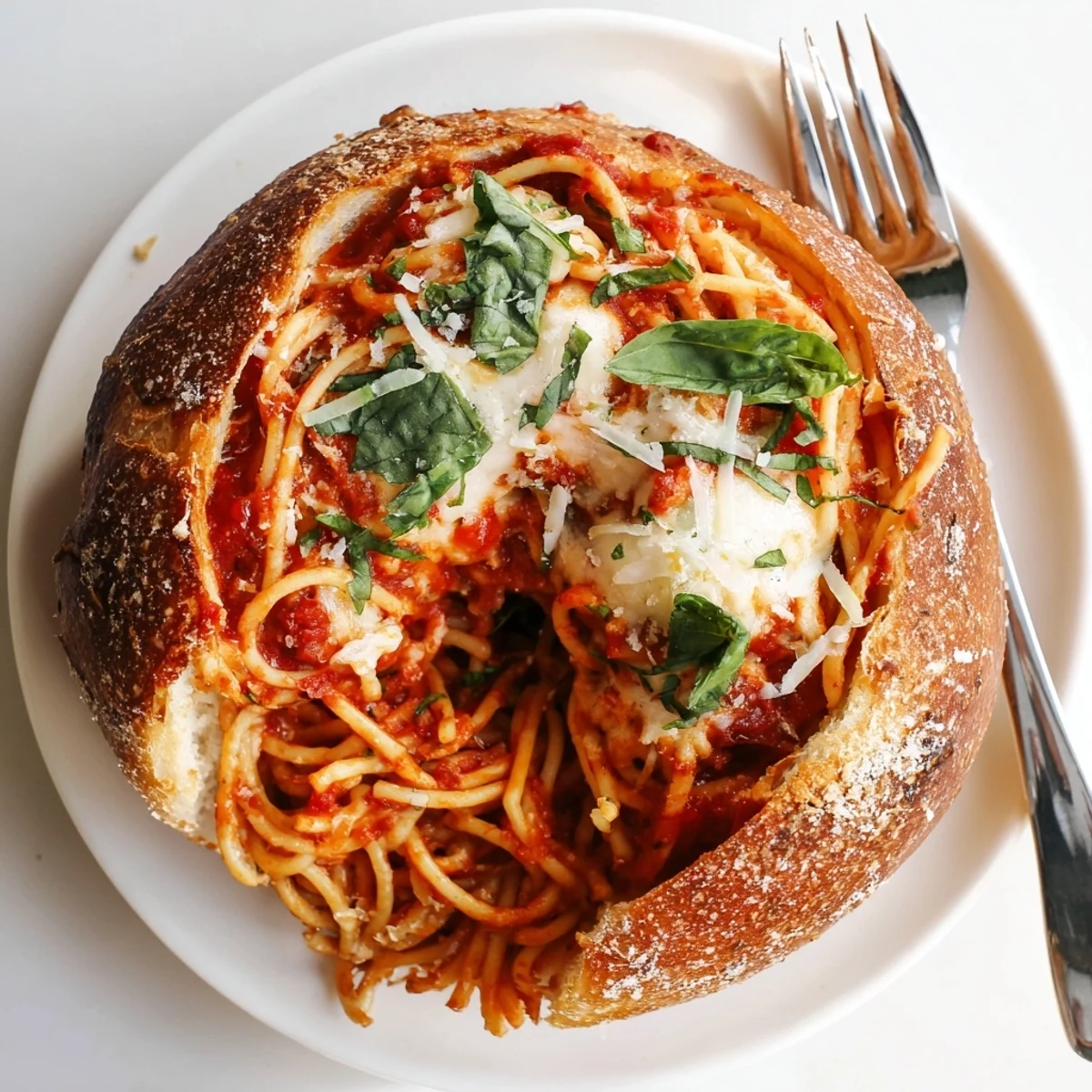 Easy spaghetti garlic bread bowls topped with melted mozzarella and fresh green basil garnish