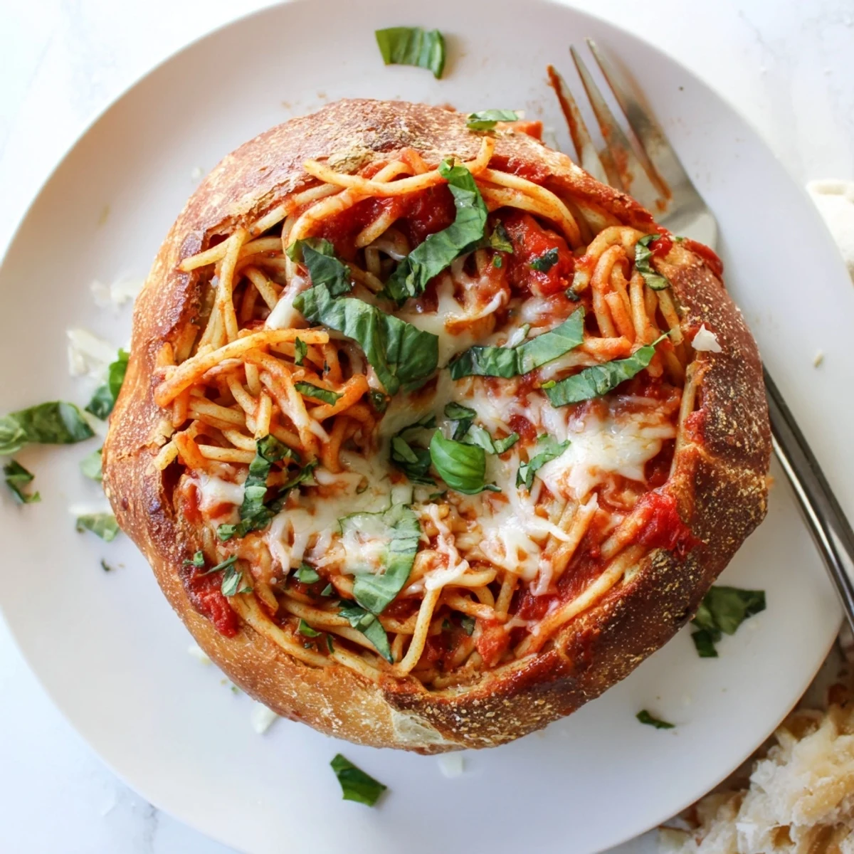 Family-friendly Italian dinner featuring hollowed bread boats overflowing with savory pasta and tomato sauce