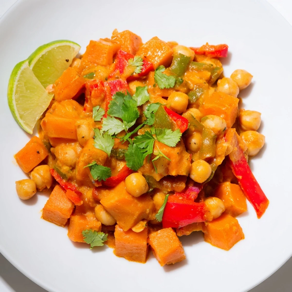 Hearty bowl of chickpea and sweet potato curry served steaming hot over fluffy white rice with a lime wedge on the side