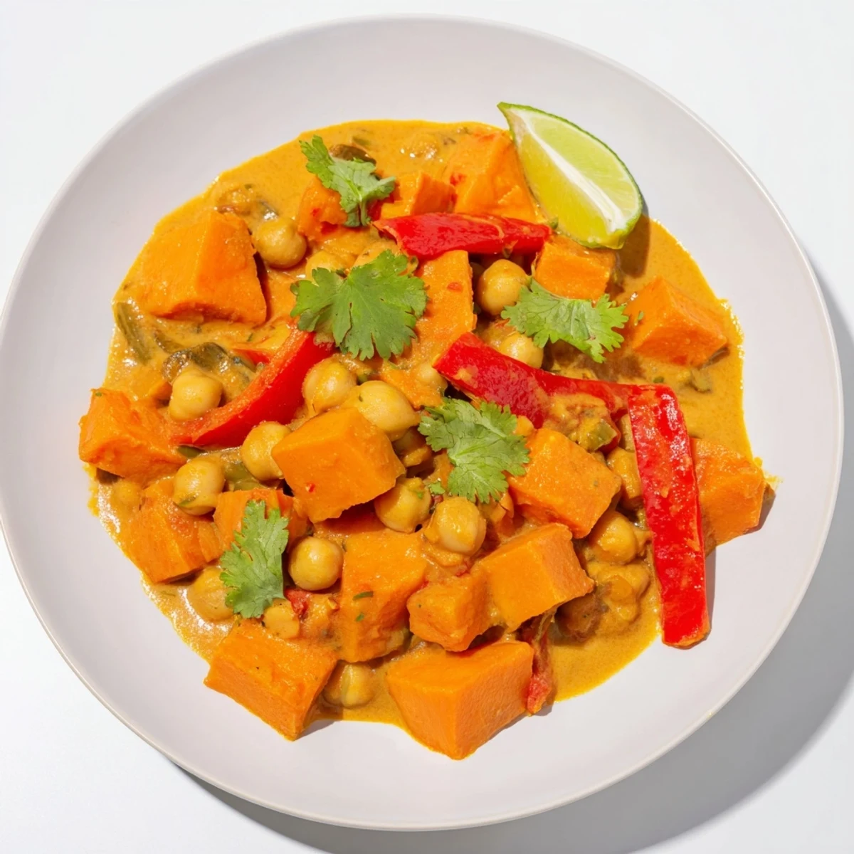 Creamy chickpea and sweet potato curry in a rich coconut tomato sauce with vibrant orange cubes and fresh green cilantro garnish