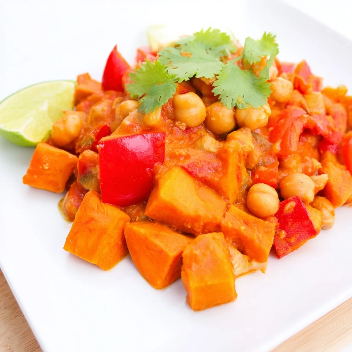 Golden spiced chickpea and sweet potato curry bubbling in a dutch oven with tender vegetables and aromatic coconut broth
