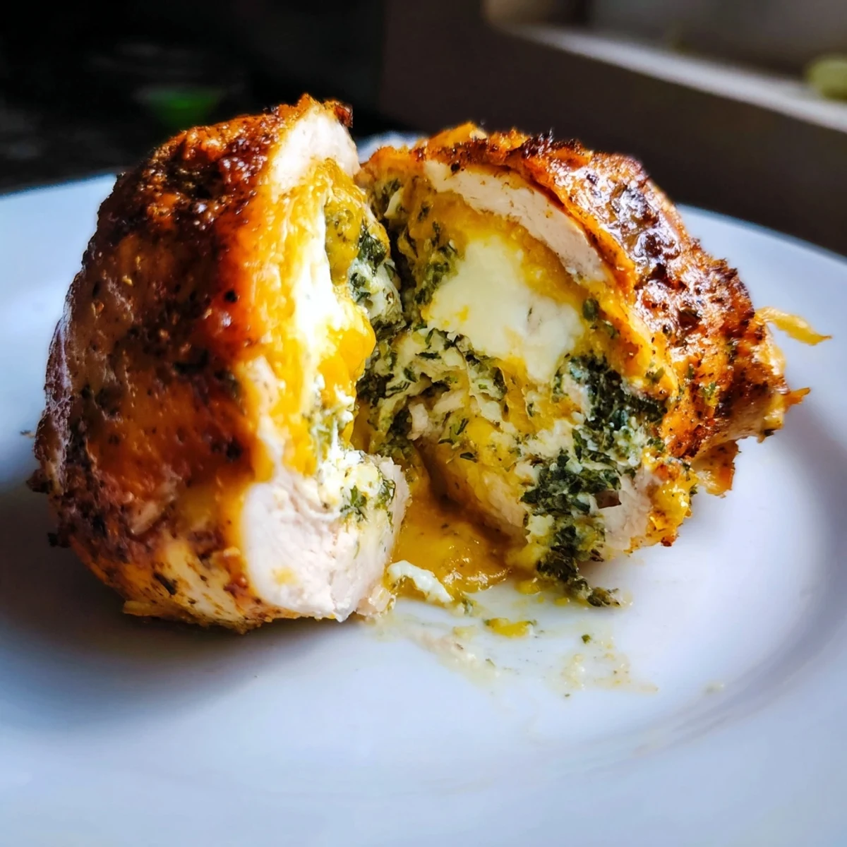 Juicy Ruth's Chris stuffed chicken breast with creamy herb cheese baked to perfection