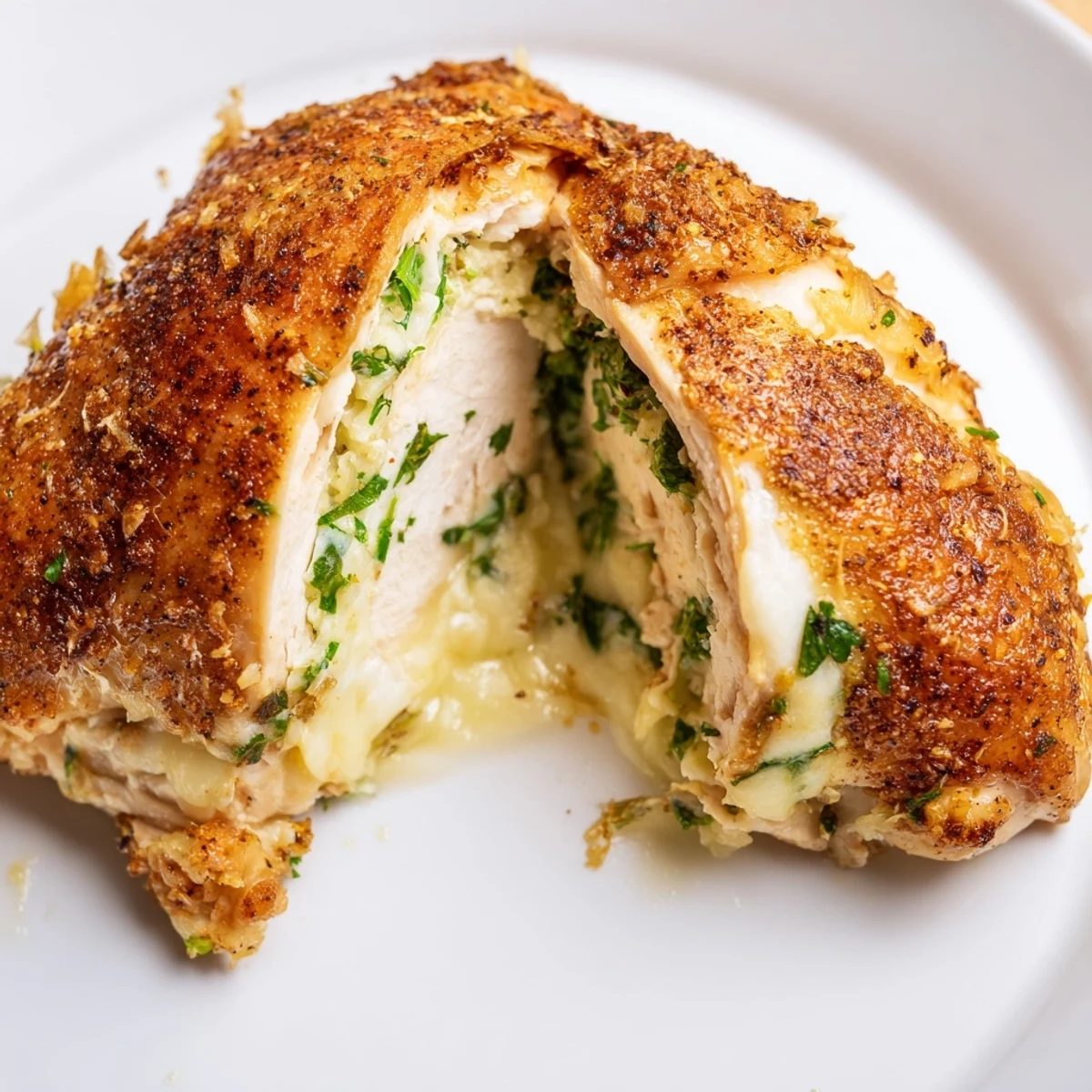 Golden Ruth's Chris stuffed chicken breast oozing melted mozzarella and cheddar cheese filling