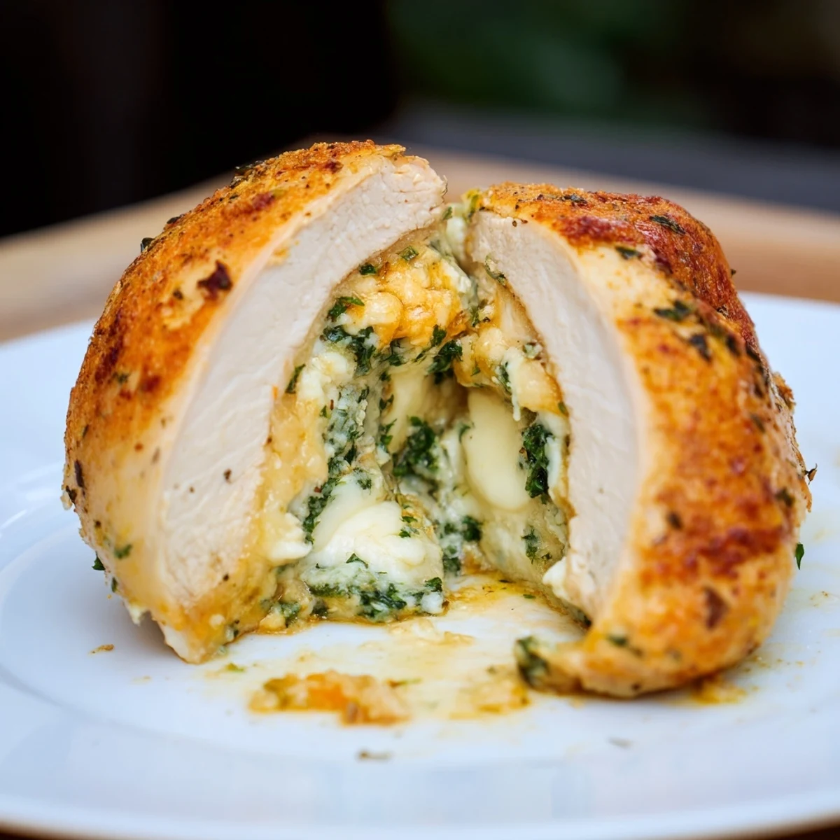 Restaurant-style Ruth's Chris stuffed chicken breast plated with fresh parsley garnish