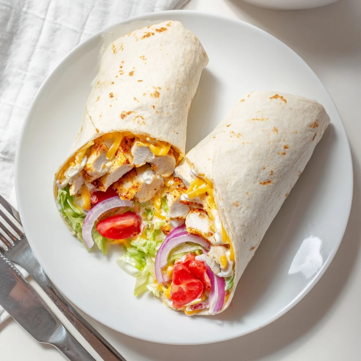 Golden brown cheesy garlic chicken wraps sliced in half showing melted mozzarella and fresh vegetables inside soft flour tortillas