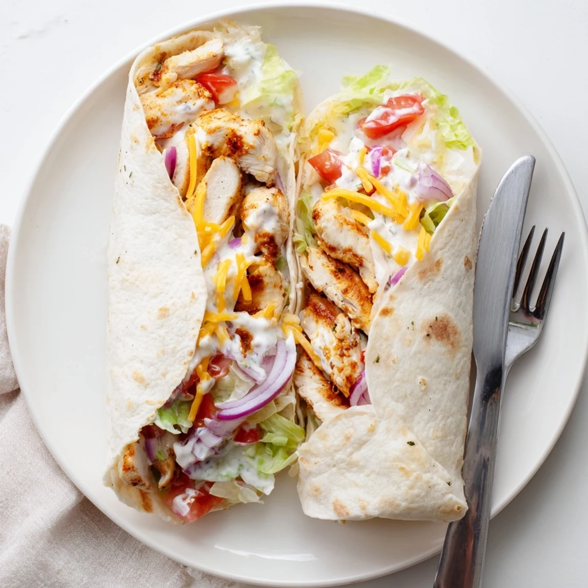 Close-up of chicken strips seasoned with garlic and herbs layered with melted cheddar cheese crisp lettuce and diced tomatoes