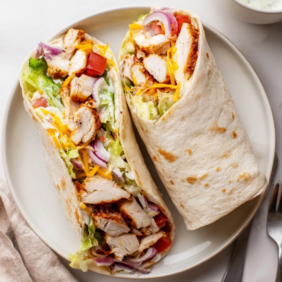 Rolled chicken wraps with gooey melted cheese spilling out garnished with shredded red onion on a wooden serving board