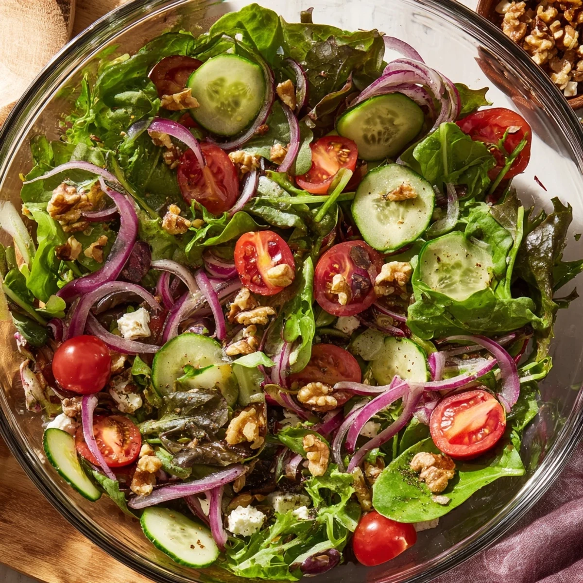 Colorful bowl of spring greens tossed in sweet balsamic honey dressing with red onion and toasted walnuts