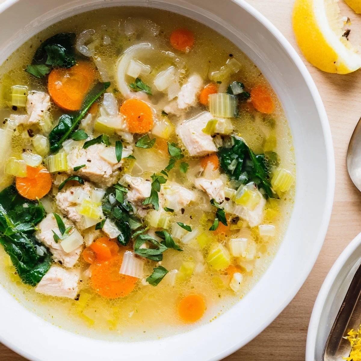 Steaming pot of aromatic lemon herb chicken soup featuring spinach, carrots, and celery in a rich golden broth