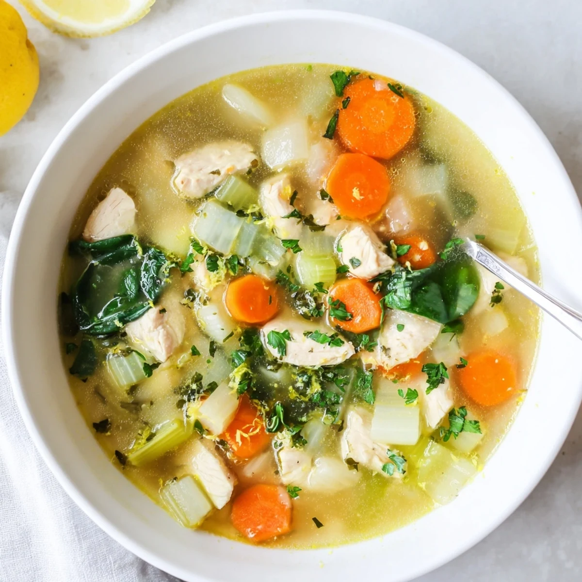 Golden bowl of Mediterranean lemon herb chicken soup with tender chunks, colorful vegetables, and fresh parsley garnish