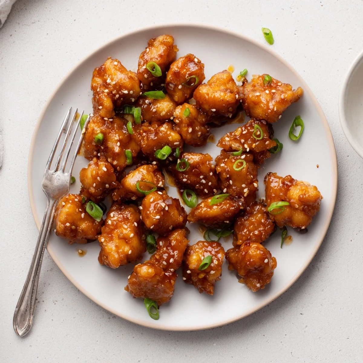 Golden brown honey garlic chicken pieces glazed in sticky sweet sauce