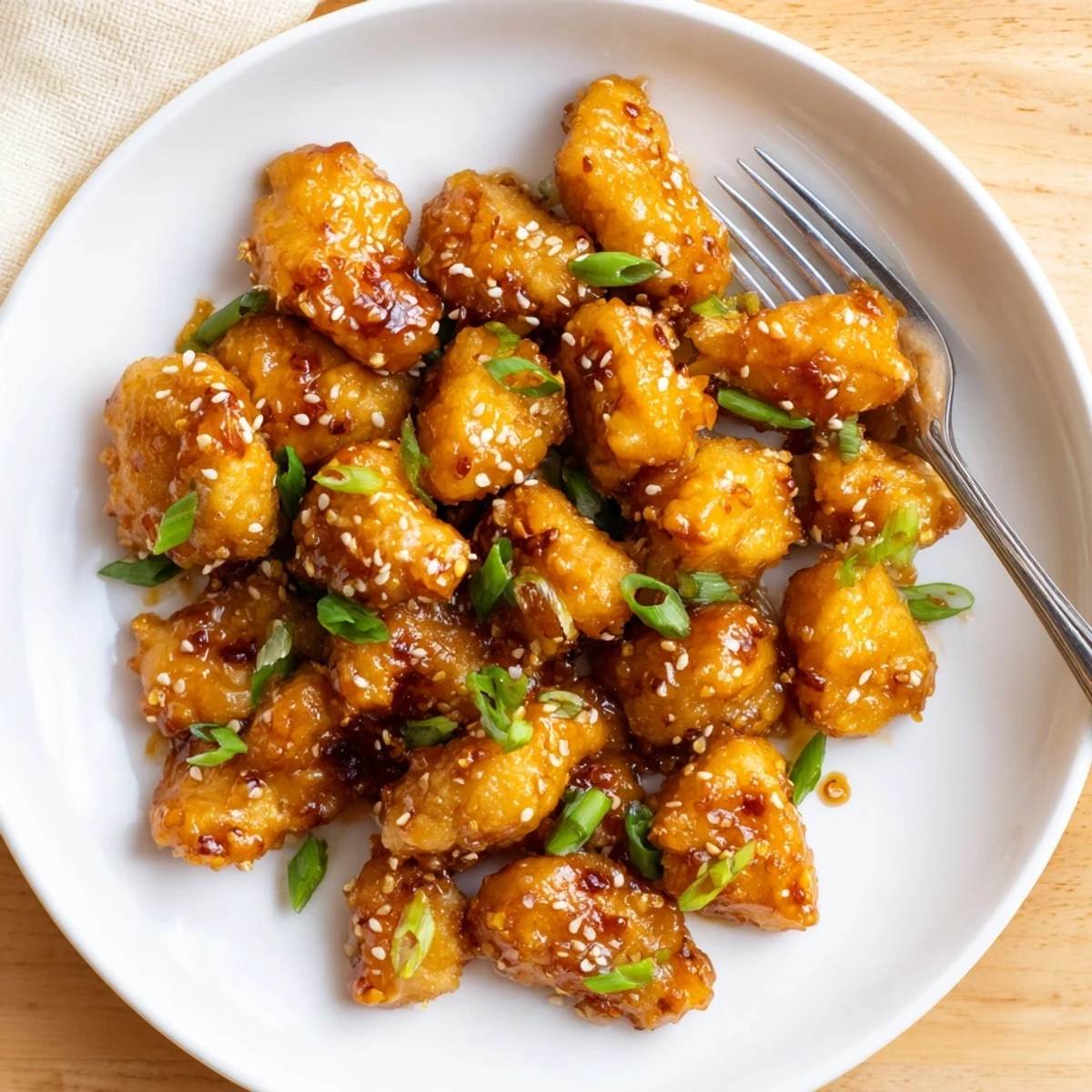 Crispy chicken breasts coated in thick honey garlic sauce with sesame seeds