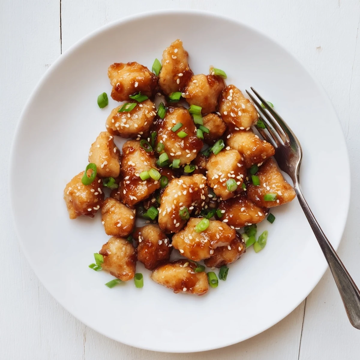Tender honey garlic chicken served over rice with green onion garnish