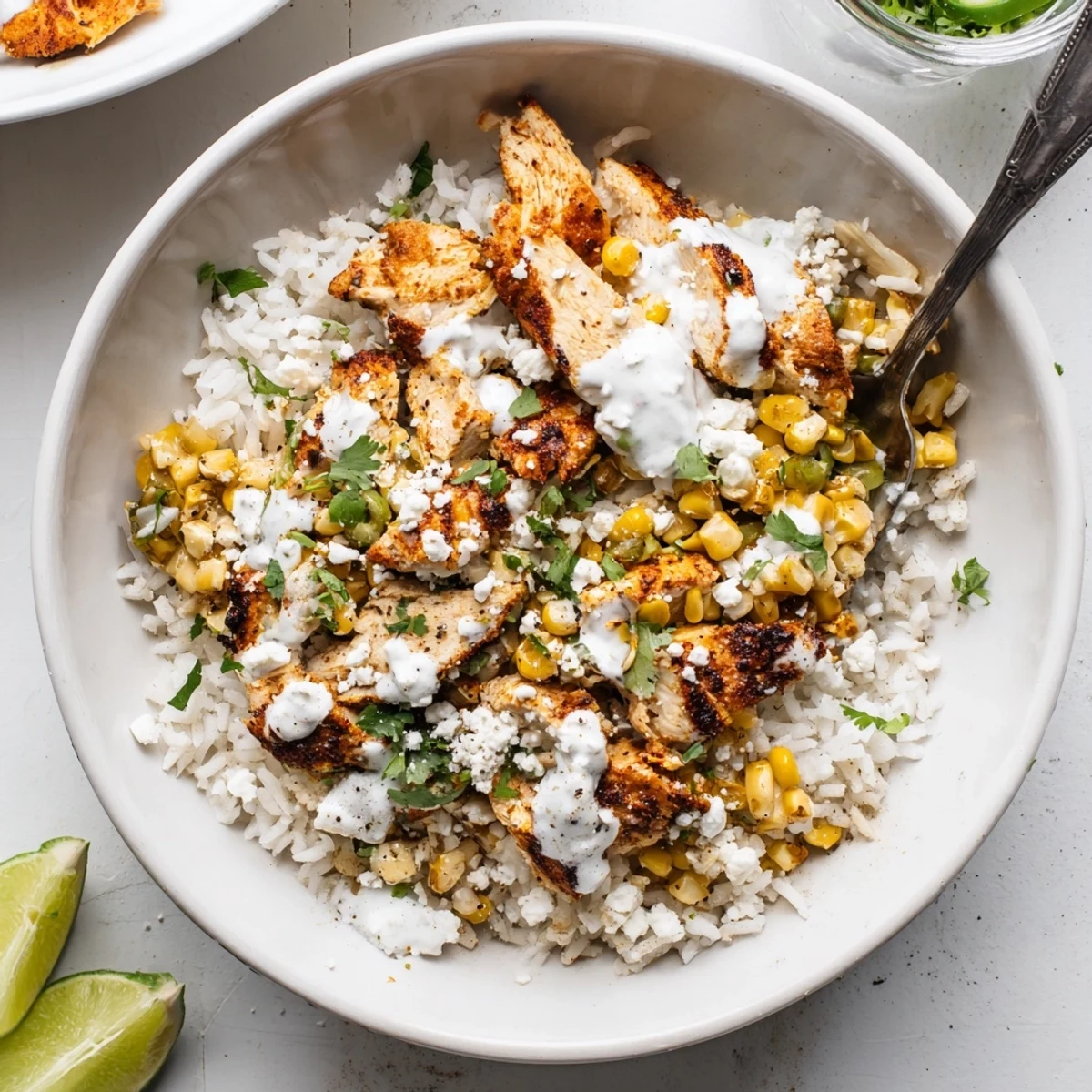 Colorful street corn chicken rice bowl featuring grilled chicken slices, charred corn, and zesty lime crema drizzle