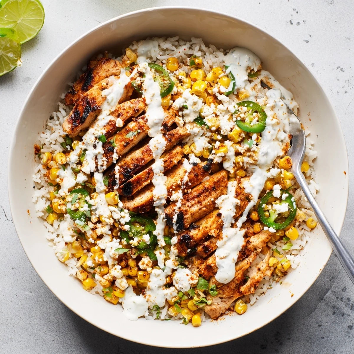 Hearty street corn chicken rice bowl layered with spiced grilled meat, smoky corn, and crumbled cotija cheese