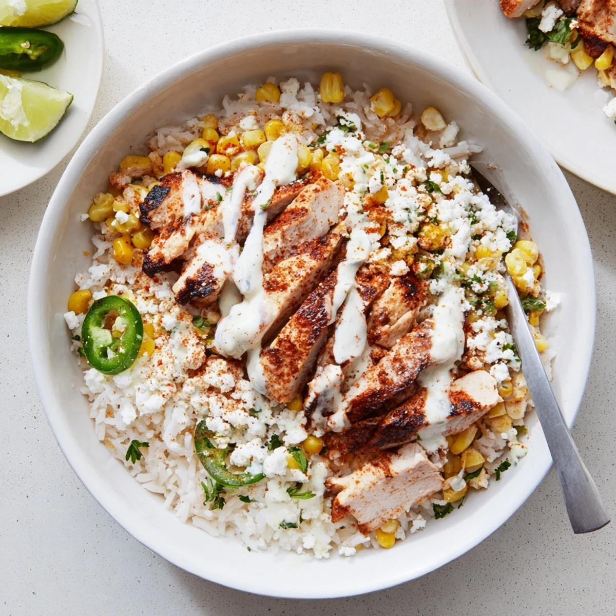 Vibrant street corn chicken rice bowl topped with tender chicken, sweet corn, cilantro, and creamy white sauce