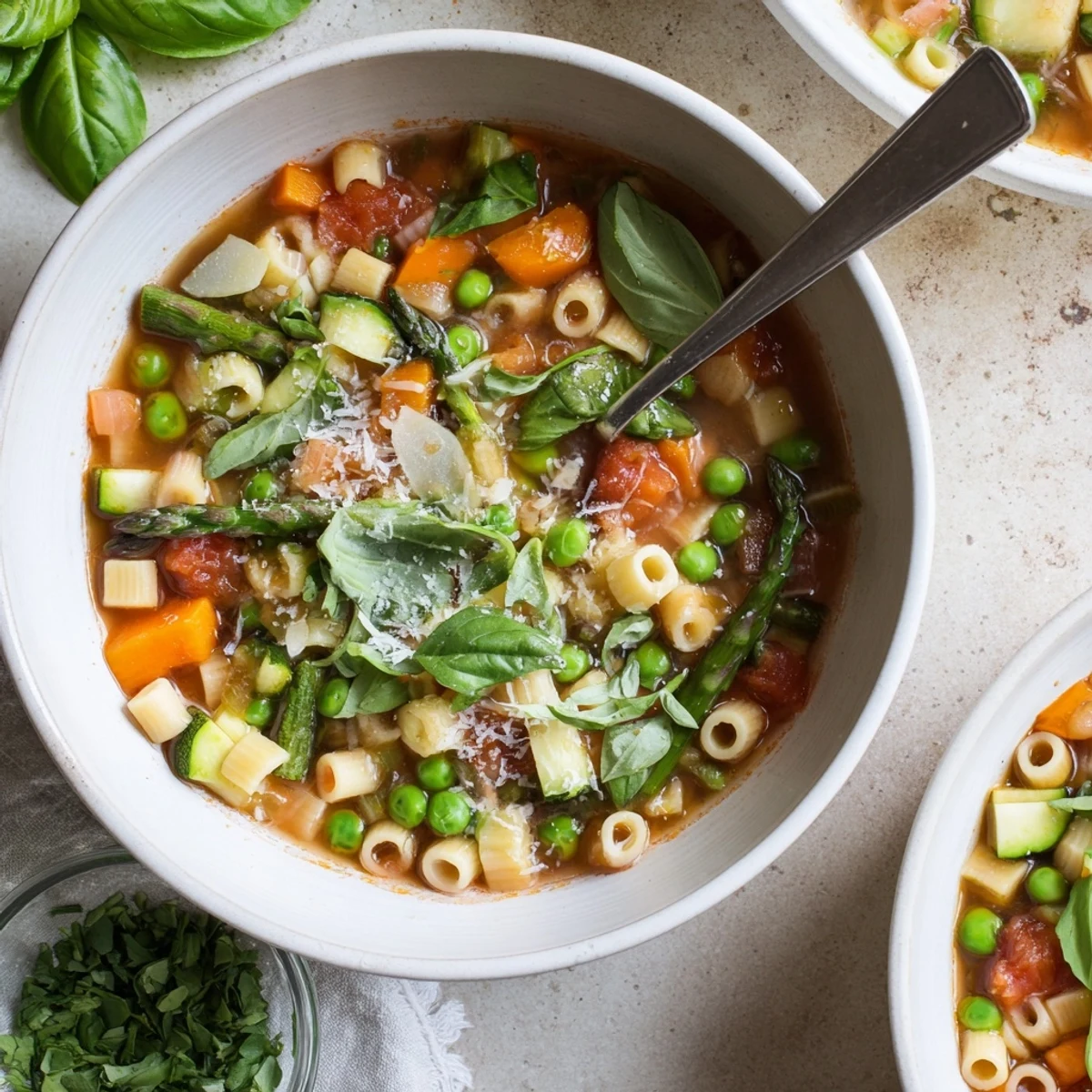Colorful bowl of spring minestrone soup with fresh vegetables and tender pasta garnished with herbs
