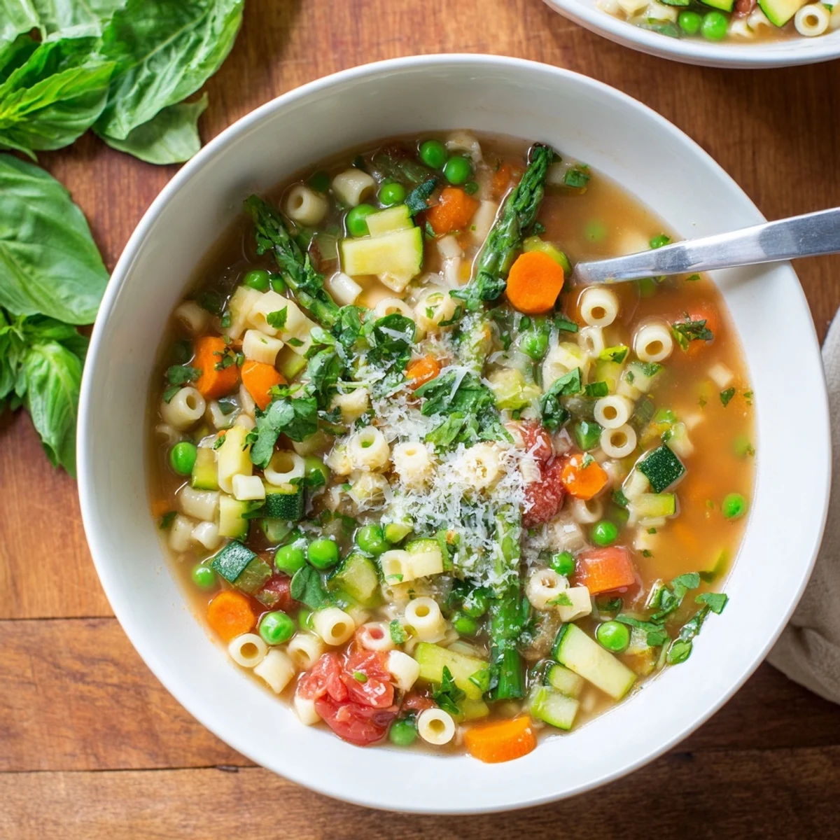 Steaming spring minestrone soup featuring zucchini, asparagus, peas, and ditalini pasta in a rich tomato broth