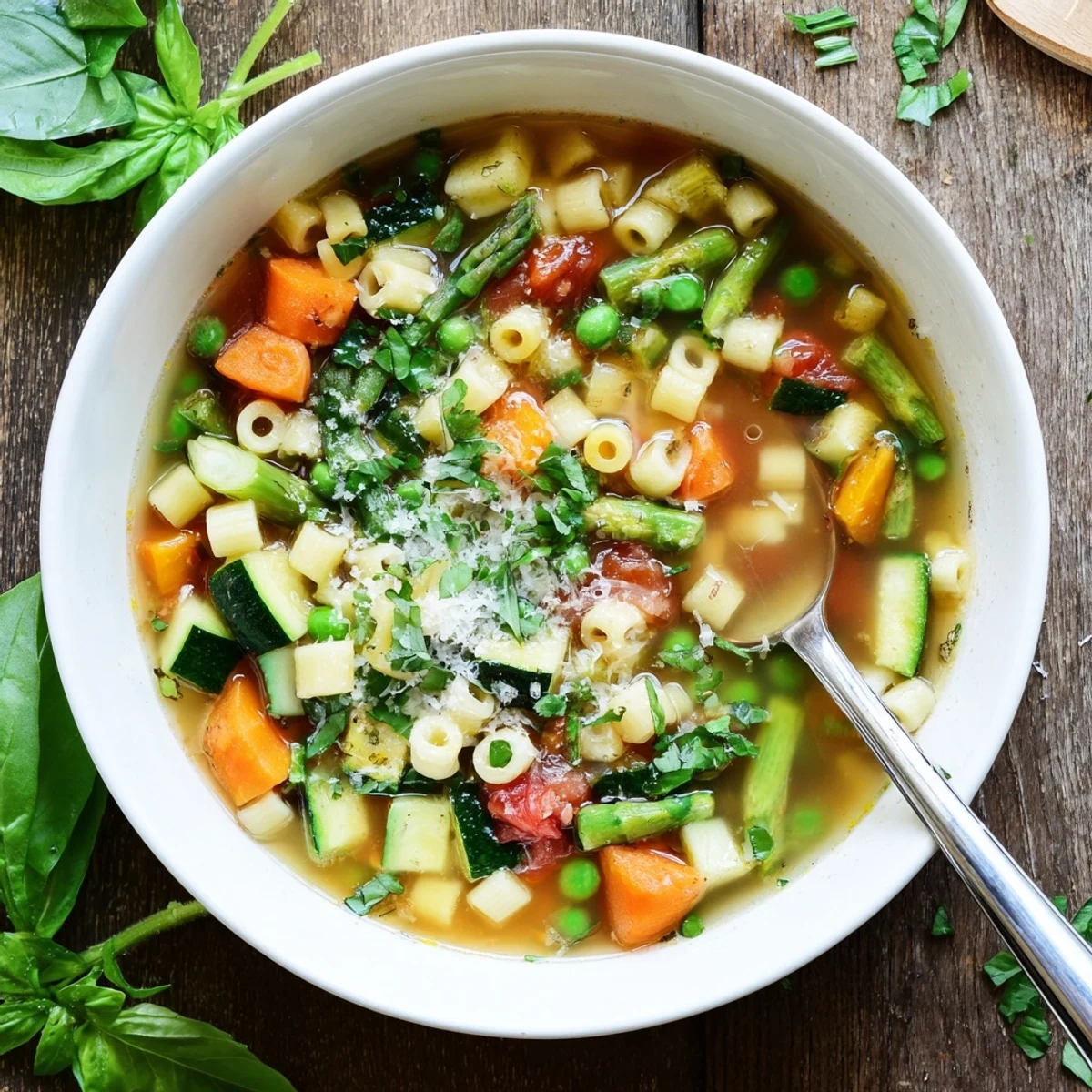 Close-up of spring minestrone soup showcasing green vegetables and pasta topped with fresh basil and Parmesan