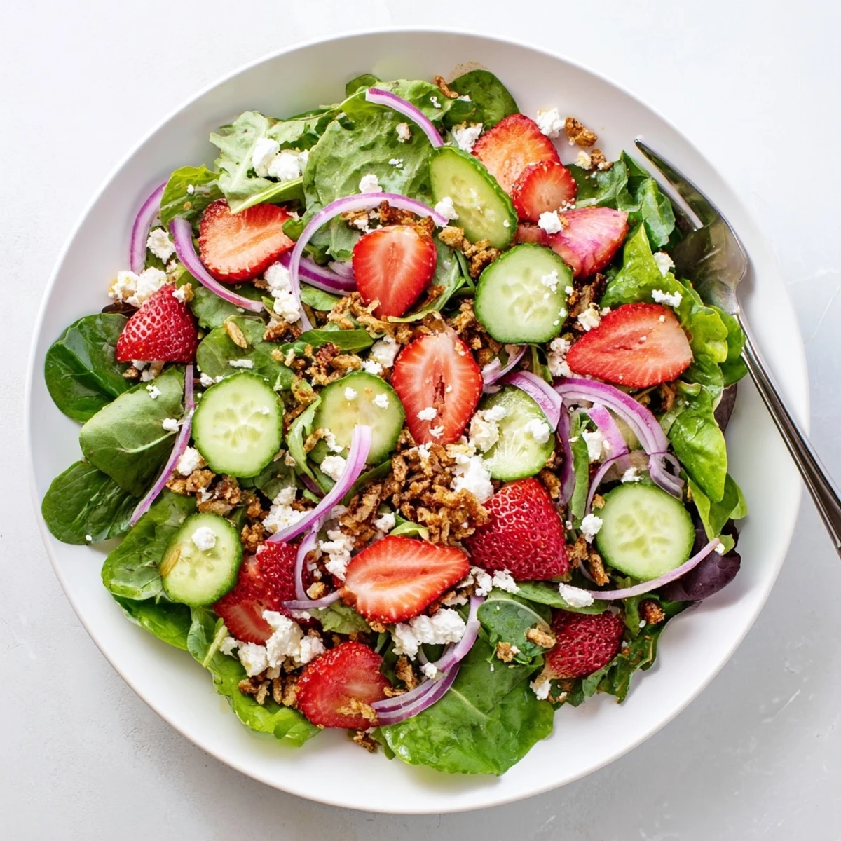 Fresh strawberry crunch salad featuring sliced berries, toasted nuts, and crispy pretzel topping on mixed greens