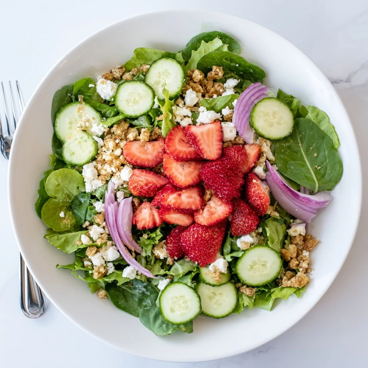 Vibrant summer strawberry crunch salad drizzled with balsamic dressing and sprinkled with crunchy fried onions and pecans