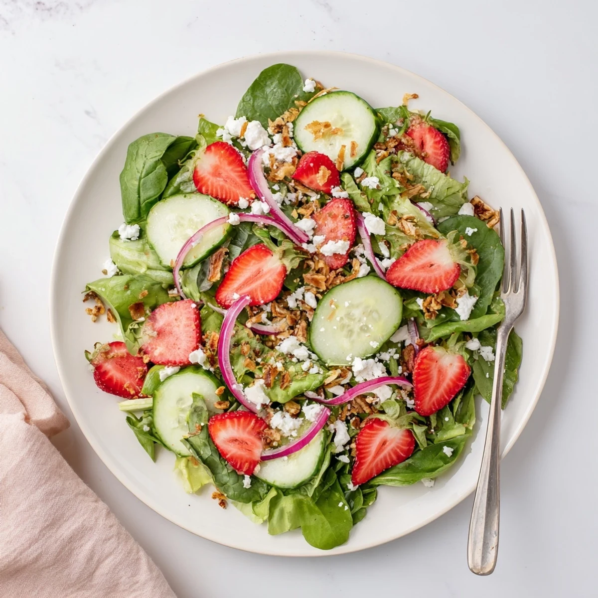 Colorful bowl of strawberry crunch salad with fresh cucumbers, red onion, and feta cheese layered over crisp lettuce