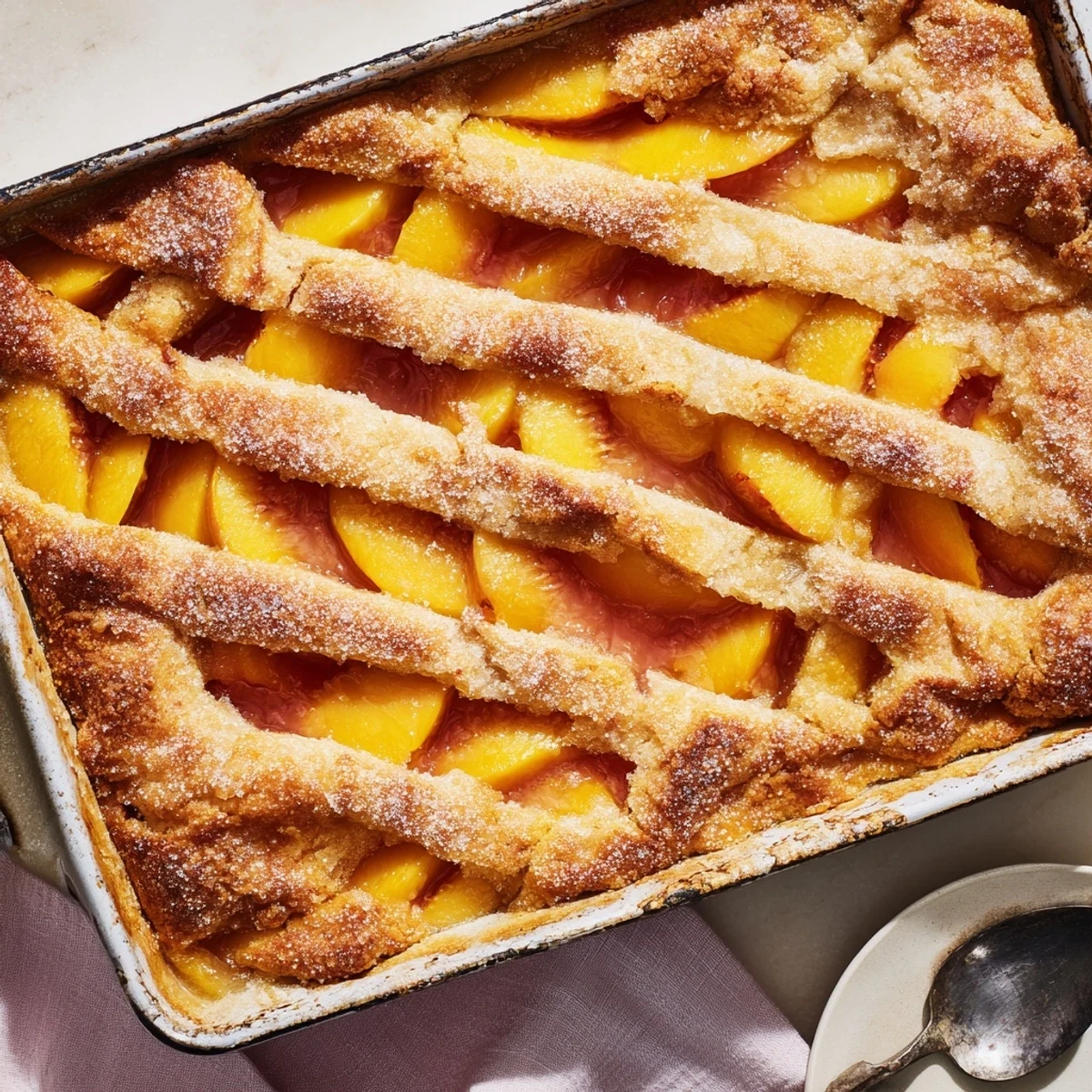Golden classic peach cobbler with flaky crust bubbling with sweet spiced fruit filling
