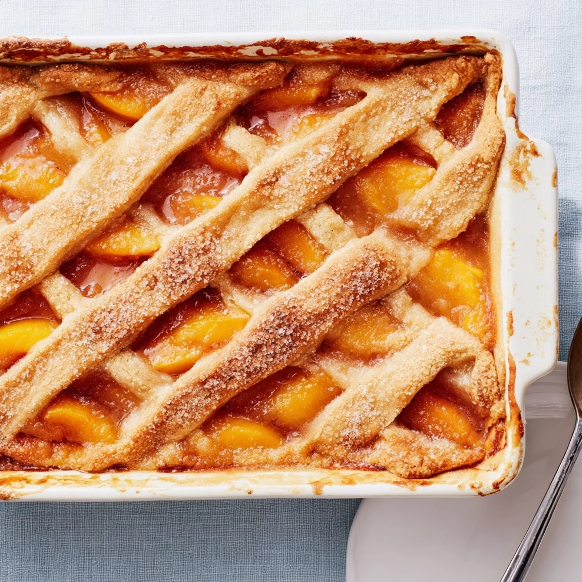 Warm classic peach cobbler with flaky crust served fresh from the oven
